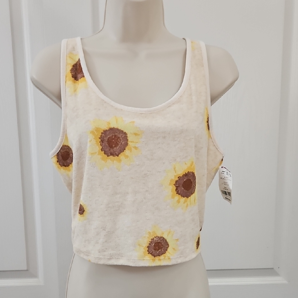 SO | Sunflower Print Cream Tank Top - Cotton Blend. Size L NTW